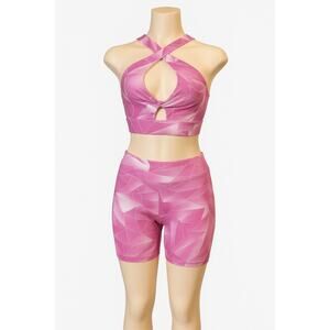Fabletics PureLuxe Pink Activewear Set – Cross-Front Bra + Biker Shorts – Medium